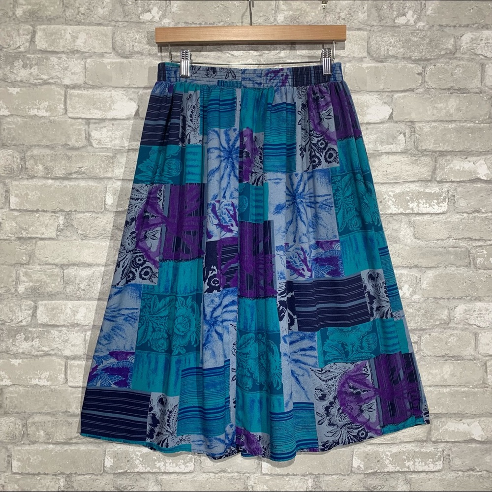 Vintage 80s Donna Marie Women Medium Abstract Pleated A-Line Skirt Elastic Waist